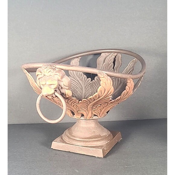 Wrought Iron Metal Basket With Lion Head Handles Pedestal Base Victorian Garden - Picture 8 of 11